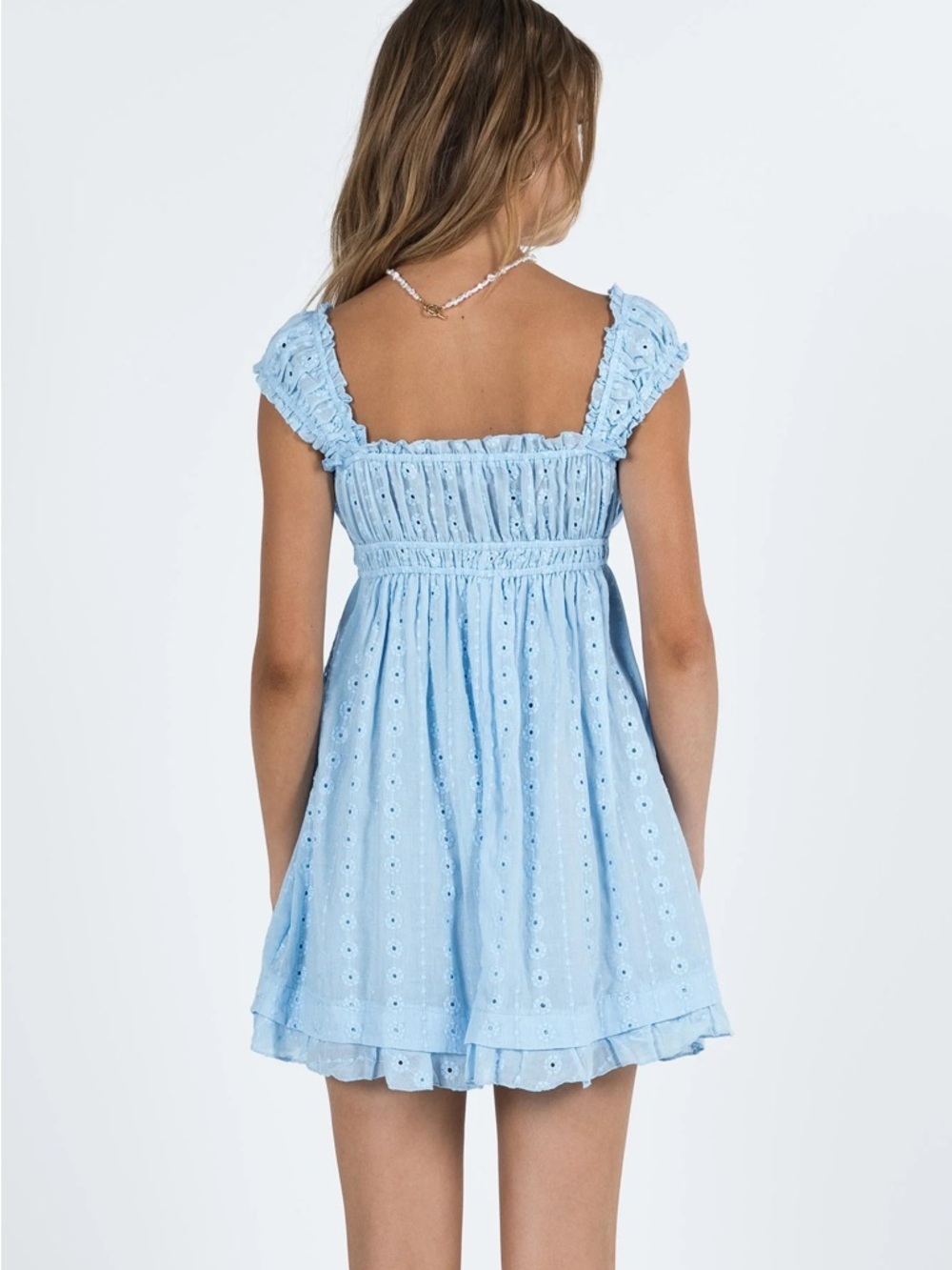 Princess Polly Carlita Mini Dress Blue Eyelet Babydoll Ruffle NWT US 8 - Picture 4 of 10